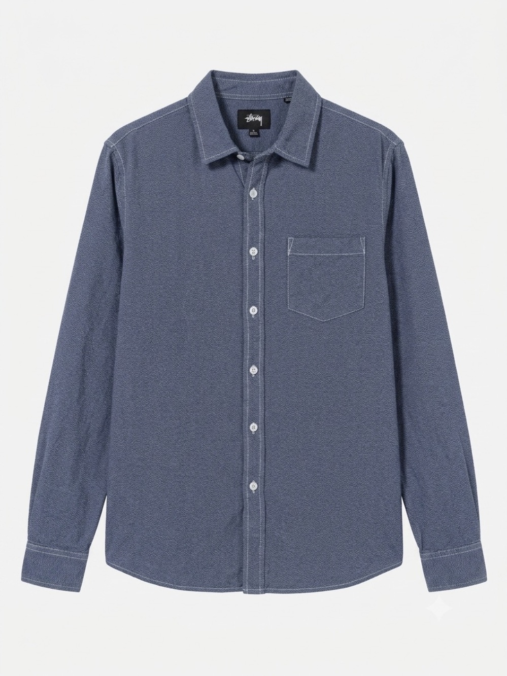 Stussy Men's Medium Blue Herringbone Long Sleeve Button Down Shirt Streetwear